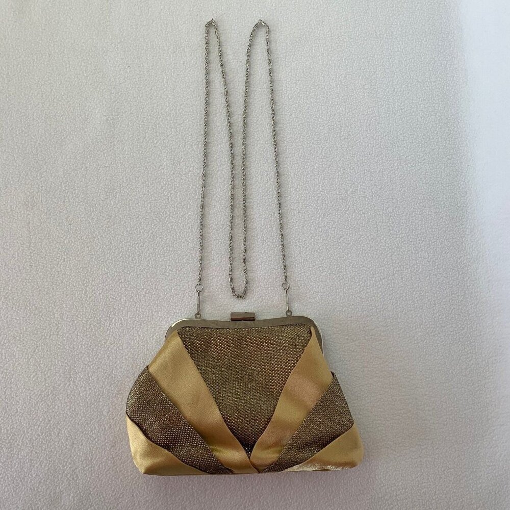 Vintage 1980’s Gold Satin Fabric Evening Clutch Bag Shoulder Strap Metallic